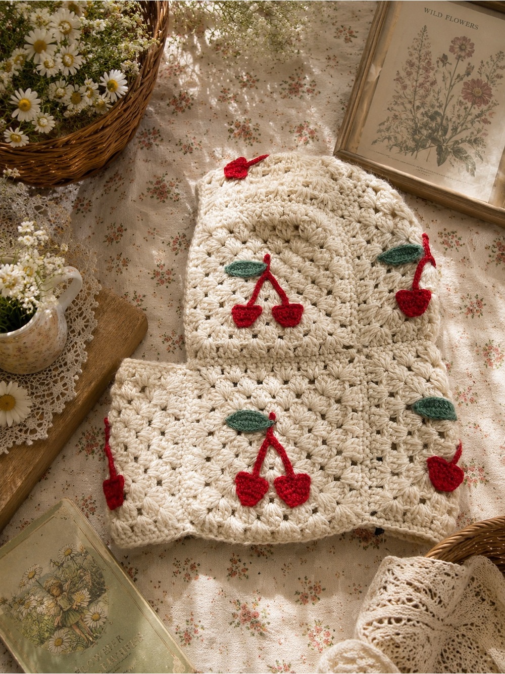 Urban Outfitters Crochet Cherry Balaclava Hood Cream NWT